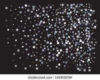 Falling confetti on black background. Random element of design. Vector illustration object. Silver luxury festive decoration for holidays and celebrations.