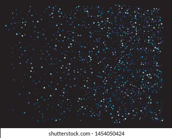 Falling confetti on black background. Vector illustration poster. Fresh glitter design's elements. Blue luxury festive decoration for holidays and celebrations.