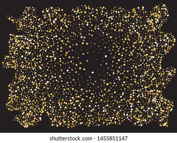 Falling confetti on black background. Decorative element for your design. Vector illustration surprise. Gold luxury festive decoration for holidays and celebrations.