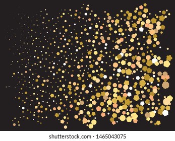 Falling confetti on black background. Vector illustration poster. Magic element of your design. Gold luxury festive decoration for holidays and celebrations.