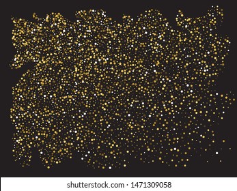 Falling confetti on black background. Fresh element of your design. Vector illustration theme. Gold luxury festive decoration for holidays and celebrations.