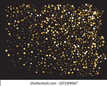 Falling confetti on black background. Vintage element of your design. Vector illustration poster. Gold luxury festive decoration for holidays and celebrations.