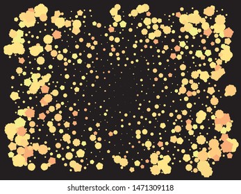 Falling confetti on black background. Vibrant element of your design. Vector illustration flyer. Gold luxury festive decoration for holidays and celebrations.
