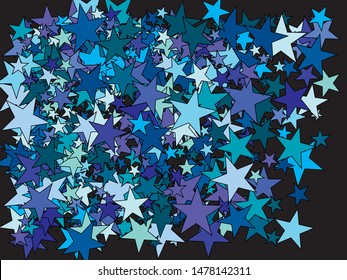 Falling confetti on black background. Fresh glitter design's elements. Vector illustration flyer. Blue luxury festive decoration for holidays and celebrations.