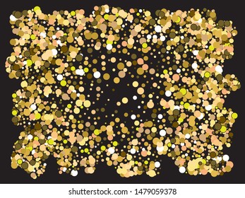 Falling confetti on black background. Vector illustration flyer. Stylish element of your design. Gold luxury festive decoration for holidays and celebrations.