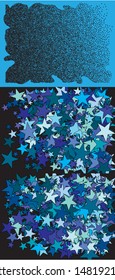 Falling confetti on black background. Vintage cosmic glitter elements for your design. Vector illustration vintage. Blue set of invitation templates, background images, posters or greeting cards.
