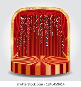 falling confetti on empty red curtain circus stage