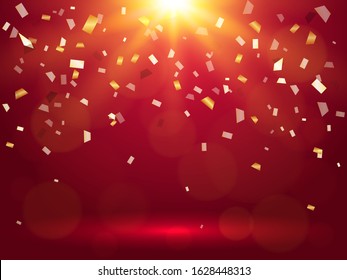 Falling confetti on a red background. Vector stock illustration for poster