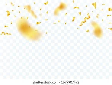 Falling confetti on top festive frame on transparent background. Shiny glossy gold paper pieces fly and scatter around. Vector illustration.