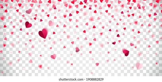 confetti en caída de corazones rojos y rosados sobre un fondo transparente