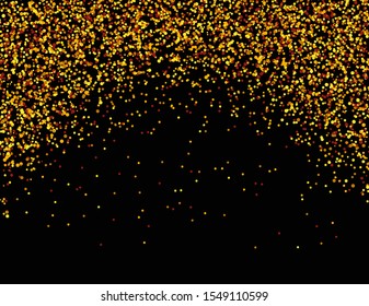 Falling confetti. Red, yellow and orange dots falling from sky. Glitter banner for greeting card, banner, invitation. Christmas pattern. Vector illustration