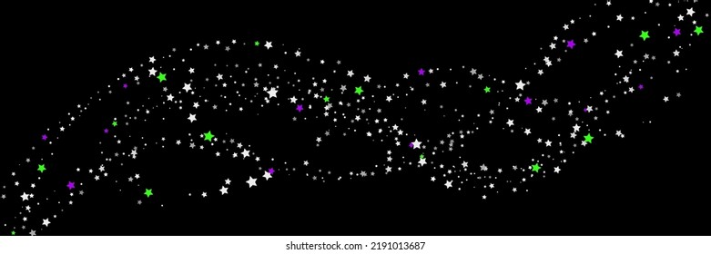 Falling confetti stars. Black, white colors. Blotches of bright stars. Festive background. Abstract texture on a black background. Vector illustration, eps 10