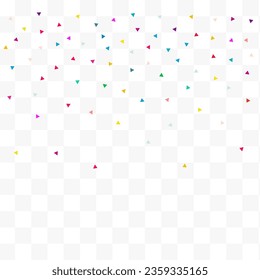 Bajando el fondo transparente del vector superior de Confetti. Diseño de Formas Carnavales. Fondo de elementos volantes. Ilustración del efecto geométrico del arcoiris.