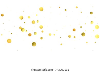 Falling confetti. Vector golden circles isolated on white background. New Year celebration card template. Bright christmas background. Explosion backdrop. Wedding anniversary wallpaper. Surprise print