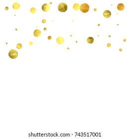 Falling confetti. Vector golden circles isolated on white background. New Year celebration card template. Bright christmas background. Explosion backdrop. Wedding anniversary wallpaper. Surprise print