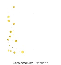 Falling confetti. Vector golden circles isolated on white background. New Year celebration card template. Bright christmas background. Explosion backdrop. Wedding anniversary wallpaper. Surprise print