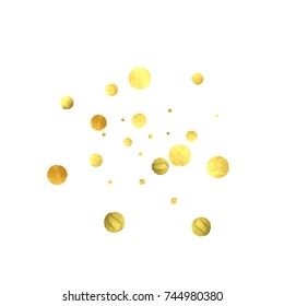 Falling confetti. Vector golden circles isolated on white background. New Year celebration card template. Bright christmas background. Explosion backdrop. Wedding anniversary wallpaper. Surprise print
