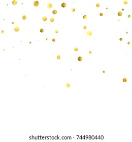 Falling confetti. Vector golden circles isolated on white background. New Year celebration card template. Bright christmas background. Explosion backdrop. Wedding anniversary wallpaper. Surprise print