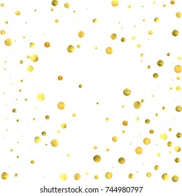Cae confetti. Círculos de oro vectoriales aislados sobre fondo blanco. Plantilla de tarjeta de celebración de Año Nuevo. Luminosos antecedentes de Navidad. Fondo de explosión. Fondo de pantalla del aniversario de la boda. Impresión de sorpresas