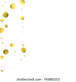 Falling confetti. Vector golden circles isolated on white background. New Year celebration card template. Bright christmas background. Explosion backdrop. Wedding anniversary wallpaper. Surprise print
