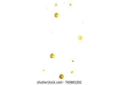 Falling confetti. Vector golden circles isolated on white background. New Year celebration card template. Bright christmas background. Explosion backdrop. Wedding anniversary wallpaper. Surprise print