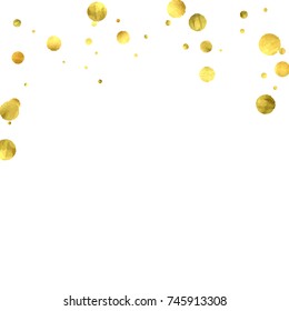 Falling confetti. Vector golden circles isolated on white background. New Year celebration card template. Bright christmas background. Explosion backdrop. Wedding anniversary wallpaper. Surprise print