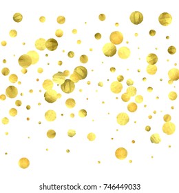Falling confetti. Vector golden circles isolated on white background. New Year celebration card template. Bright christmas background. Explosion backdrop. Wedding anniversary wallpaper. Surprise print