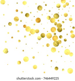 Falling confetti. Vector golden circles isolated on white background. New Year celebration card template. Bright christmas background. Explosion backdrop. Wedding anniversary wallpaper. Surprise print
