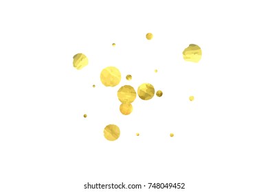Falling confetti. Vector golden circles isolated on white background. New Year celebration card template. Bright christmas background. Explosion backdrop. Wedding anniversary wallpaper. Surprise print