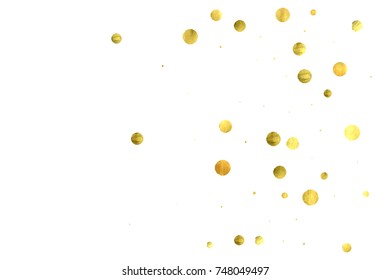 Falling confetti. Vector golden circles isolated on white background. New Year celebration card template. Bright christmas background. Explosion backdrop. Wedding anniversary wallpaper. Surprise print