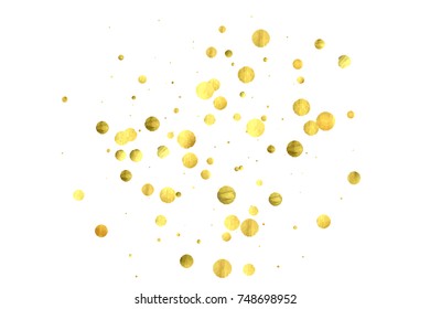 Falling confetti. Vector golden circles isolated on white background. New Year celebration card template. Bright christmas background. Explosion backdrop. Wedding anniversary wallpaper. Surprise print