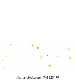 Falling confetti. Vector golden circles isolated on white background. New Year celebration card template. Bright christmas background. Explosion backdrop. Wedding anniversary wallpaper. Surprise print