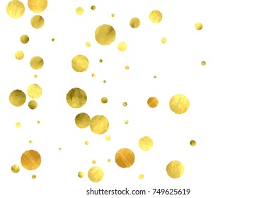 Falling confetti. Vector golden circles isolated on white background. New Year celebration card template. Bright christmas background. Explosion backdrop. Wedding anniversary wallpaper. Surprise print