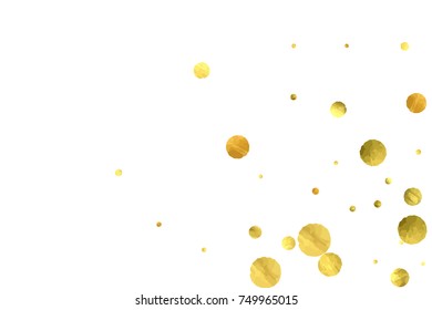 Falling confetti. Vector golden circles isolated on white background. New Year celebration card template. Bright christmas background. Explosion backdrop. Wedding anniversary wallpaper. Surprise print