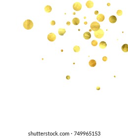 Falling confetti. Vector golden circles isolated on white background. New Year celebration card template. Bright christmas background. Explosion backdrop. Wedding anniversary wallpaper. Surprise print