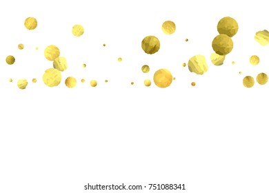 Falling confetti. Vector golden circles isolated on white background. New Year celebration card template. Bright christmas background. Explosion backdrop. Wedding anniversary wallpaper. Surprise print