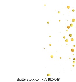 Falling confetti. Vector golden circles isolated on white background. New Year celebration card template. Bright christmas background. Explosion backdrop. Wedding anniversary wallpaper. Surprise print