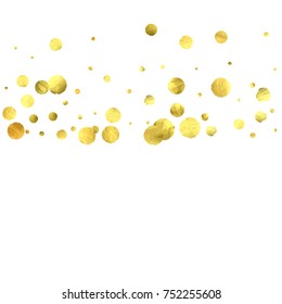 Falling confetti. Vector golden circles isolated on white background. New Year celebration card template. Bright christmas background. Explosion backdrop. Wedding anniversary wallpaper. Surprise print