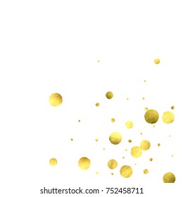 Falling confetti. Vector golden circles isolated on white background. New Year celebration card template. Bright christmas background. Explosion backdrop. Wedding anniversary wallpaper. Surprise print