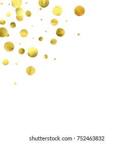 Falling confetti. Vector golden circles isolated on white background. New Year celebration card template. Bright christmas background. Explosion backdrop. Wedding anniversary wallpaper. Surprise print