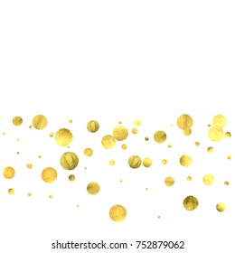 Falling confetti. Vector golden circles isolated on white background. New Year celebration card template. Bright christmas background. Explosion backdrop. Wedding anniversary wallpaper. Surprise print