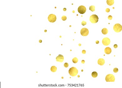 Falling confetti. Vector golden circles isolated on white background. New Year celebration card template. Bright christmas background. Explosion backdrop. Wedding anniversary wallpaper. Surprise print
