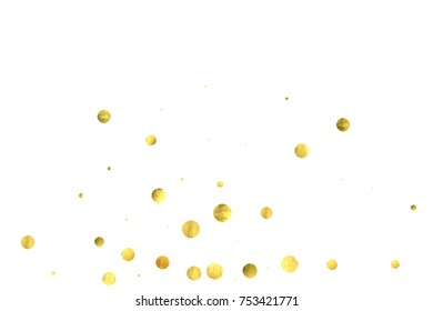 Falling confetti. Vector golden circles isolated on white background. New Year celebration card template. Bright christmas background. Explosion backdrop. Wedding anniversary wallpaper. Surprise print