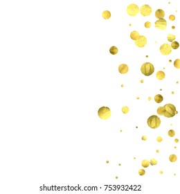 Falling confetti. Vector golden circles isolated on white background. New Year celebration card template. Bright christmas background. Explosion backdrop. Wedding anniversary wallpaper. Surprise print