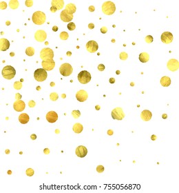 Falling confetti. Vector golden circles isolated on white background. New Year celebration card template. Bright christmas background. Explosion backdrop. Wedding anniversary wallpaper. Surprise print