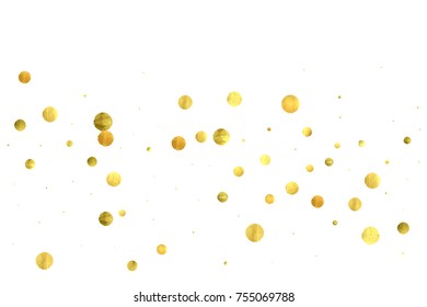 Falling confetti. Vector golden circles isolated on white background. New Year celebration card template. Bright christmas background. Explosion backdrop. Wedding anniversary wallpaper. Surprise print