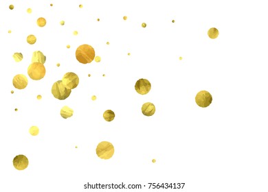 Falling confetti. Vector golden circles isolated on white background. New Year celebration card template. Bright christmas background. Explosion backdrop. Wedding anniversary wallpaper. Surprise print