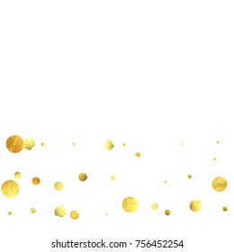 Falling confetti. Vector golden circles isolated on white background. New Year celebration card template. Bright christmas background. Explosion backdrop. Wedding anniversary wallpaper. Surprise print