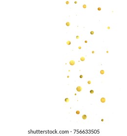 Falling confetti. Vector golden circles isolated on white background. New Year celebration card template. Bright christmas background. Explosion backdrop. Wedding anniversary wallpaper. Surprise print