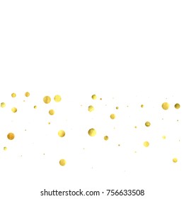Falling confetti. Vector golden circles isolated on white background. New Year celebration card template. Bright christmas background. Explosion backdrop. Wedding anniversary wallpaper. Surprise print